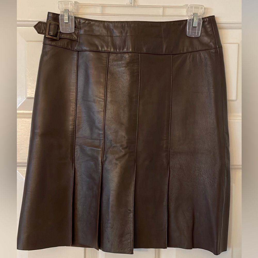 Brown 100% Lamb Leather Pleated Skirt